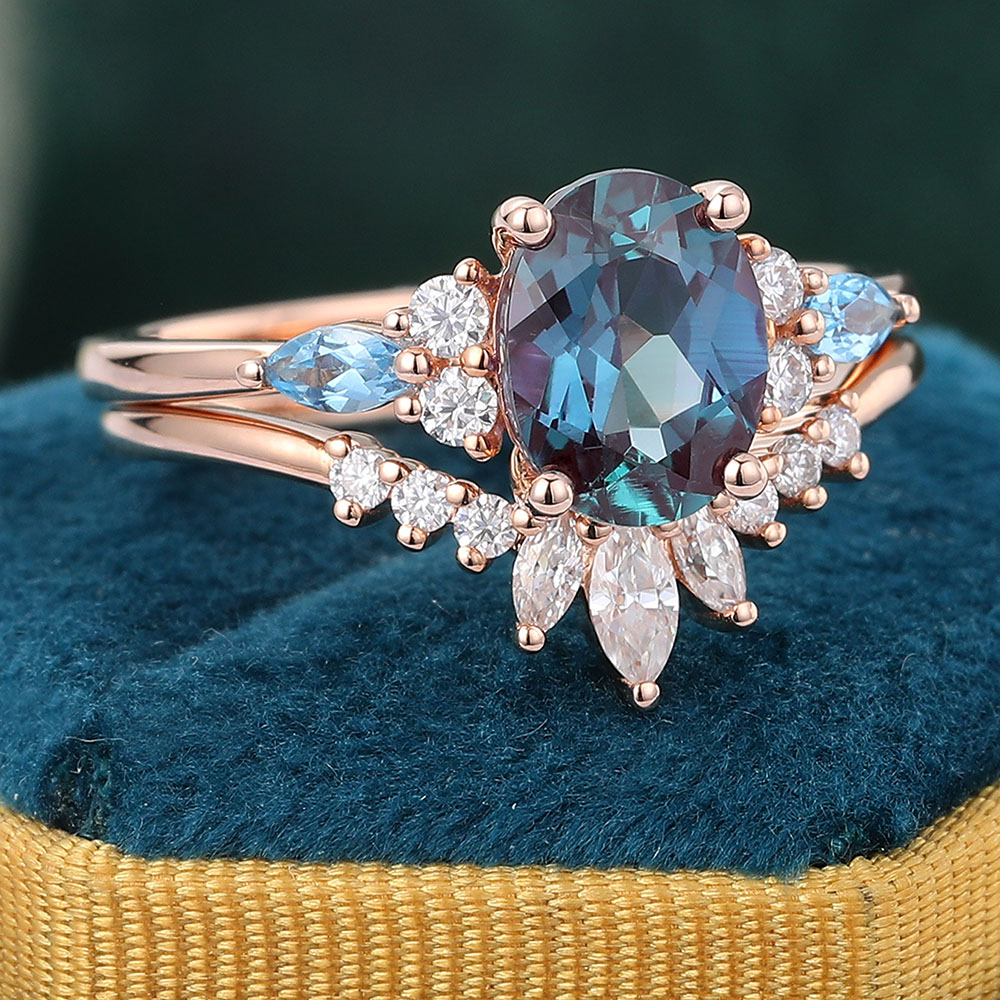 Juyoyo Oval Cut Alexandrite Engagement Ring Set Vintage Rose Gold Bridal Ring Set