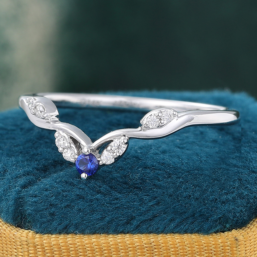 Juyoyo Unique Sapphire Curved Wedding Band White Gold Moissanite Stacking Ring Anniversary Promise