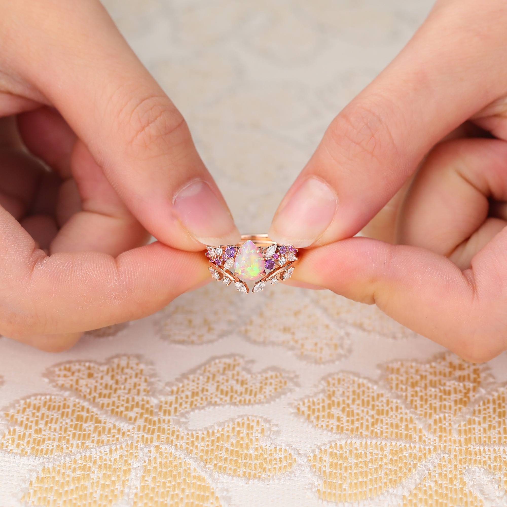 Juyoyo Pear Shaped Opal Engagement Ring Set Wedding Ring Sets Rose Gold