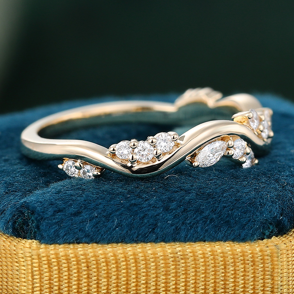 Juyoyo Unique Moissanite Wave Wedding Band Yellow Gold Matching Stacking Ring for Women