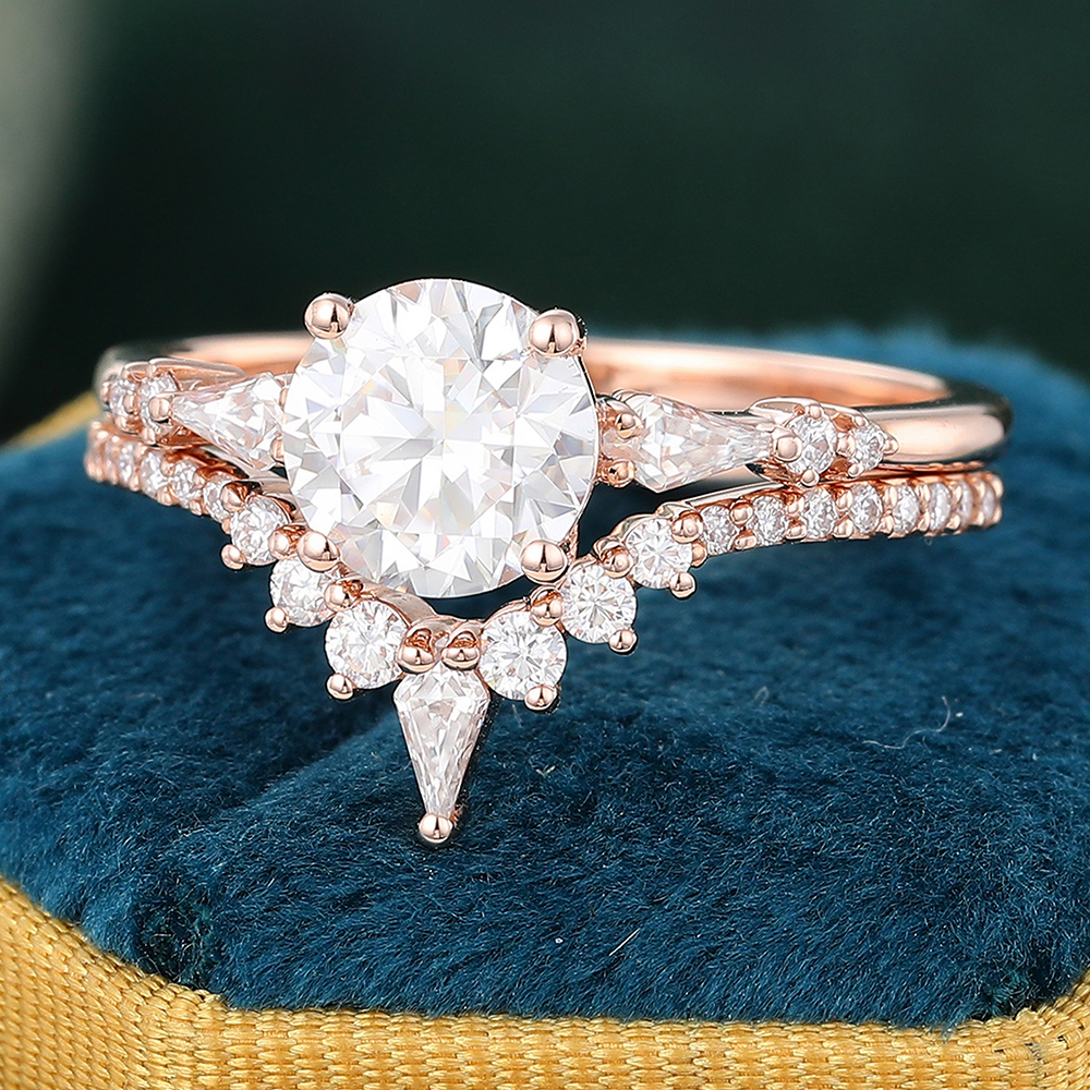 Juyoyo Vintage Moissanite Bridal Ring Set 14K Rose Gold Pave Diamond Ring Set for Women - 2pcs