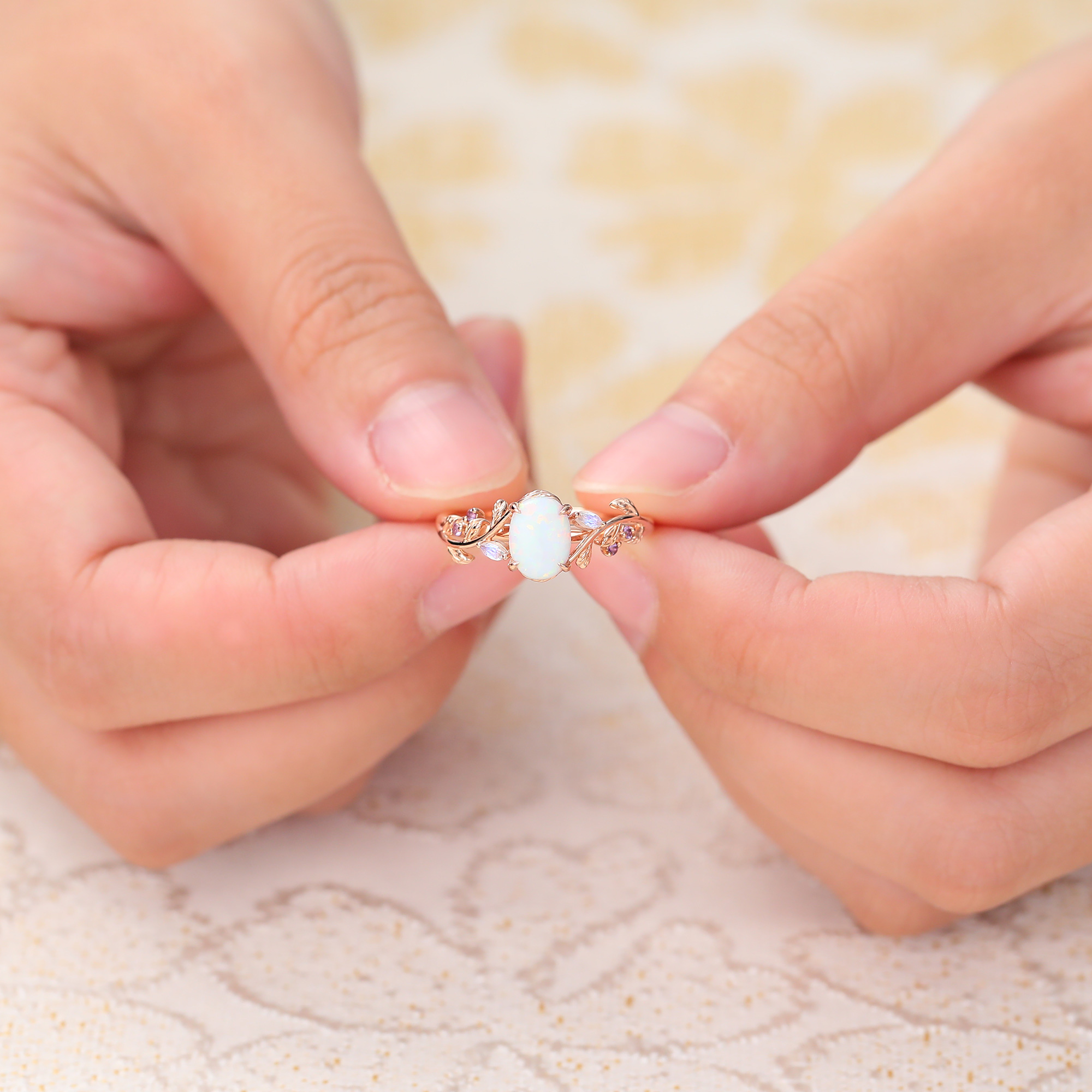 Juyoyo Vintage Oval Opal Engagement Ring Nature Inspired Moonstone Amethyst Ring 14K Rose Gold