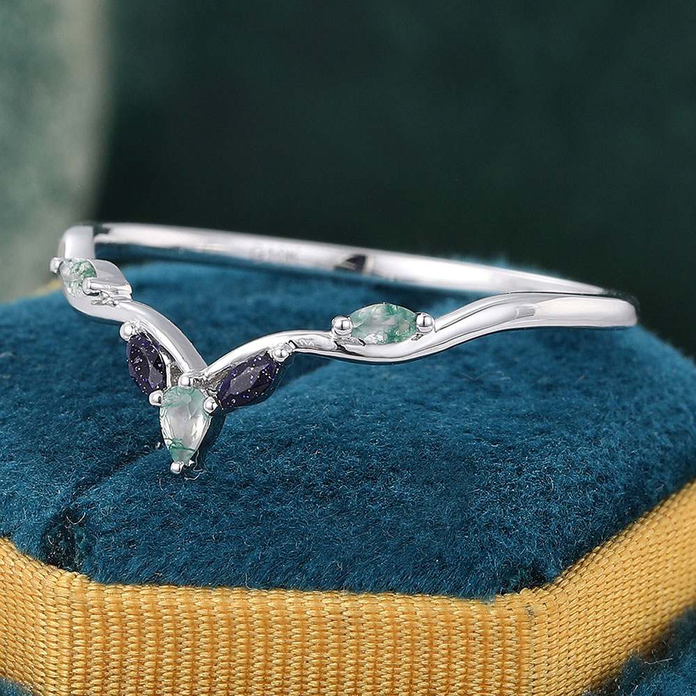 Juyoyo Nifty Moss Agate & Blue Sandstone Curved Wedding Band