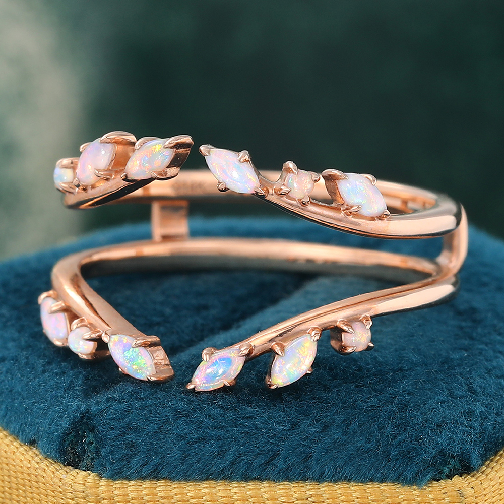 Opal Double Curved Wedding Band Enhancer Vintage Leaf Nature Inspired Wedding Ring Rose Gold