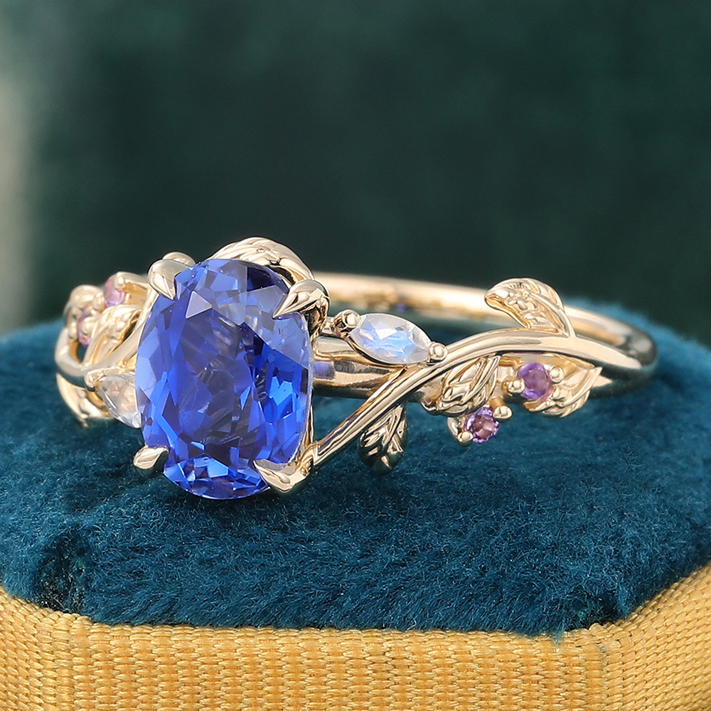 Juyoyo Unique Oval Cut Blue Sapphire Engagement Ring Nature Inspired Promise Ring 14K Yellow Gold