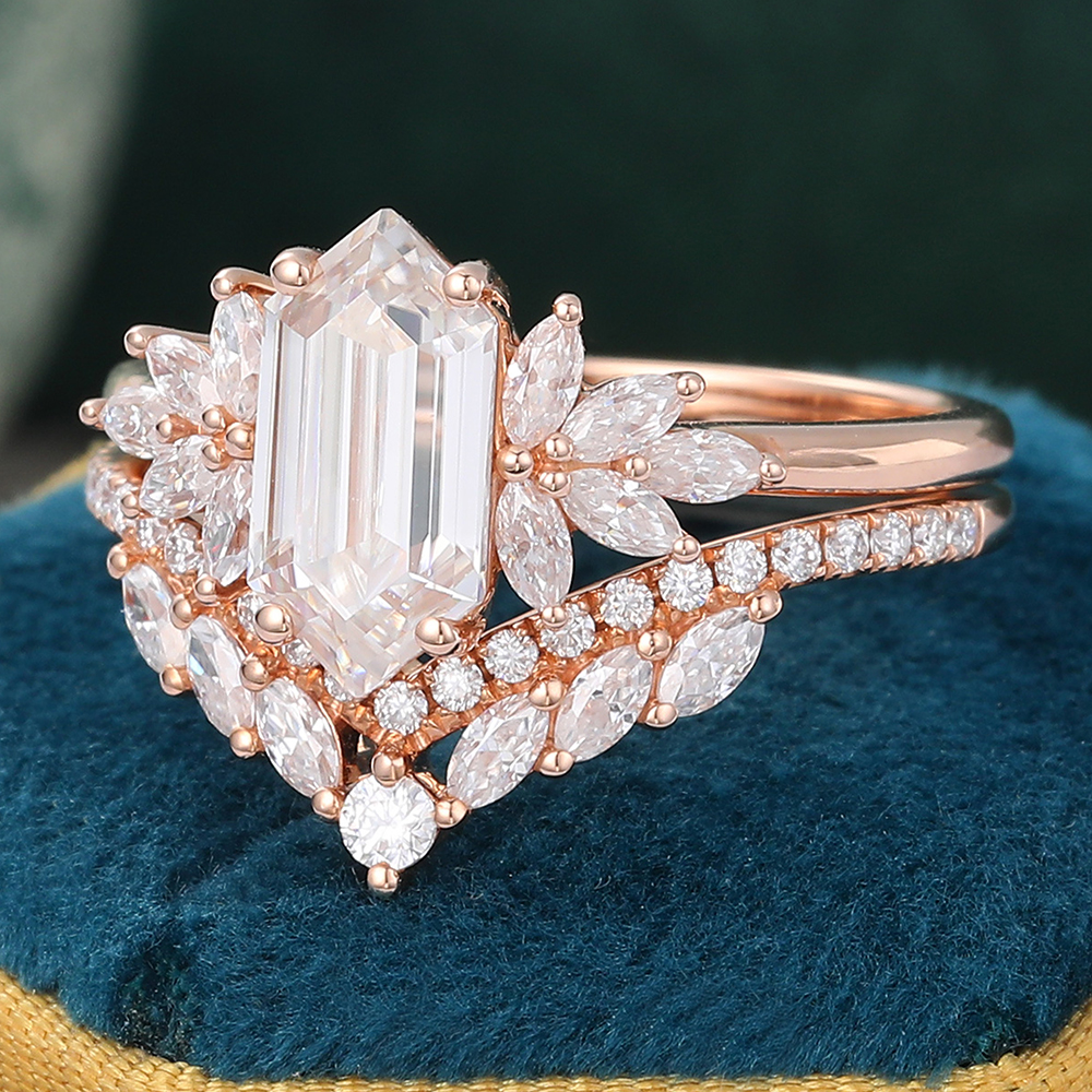 Juyoyo Vintage Long Hexagon Moissanite Engagement Ring Set Rose Gold Diamond Bridal Set - 2pcs