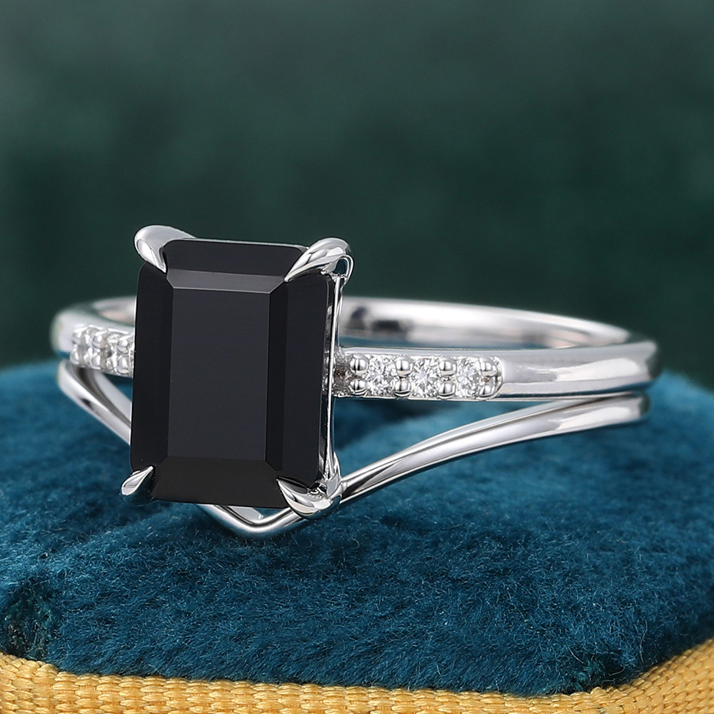 Minimalist Emerald Cut Black Onyx Engagement Ring with Solid Gold Curved Wedding Band in White Gold - 2 Piece
