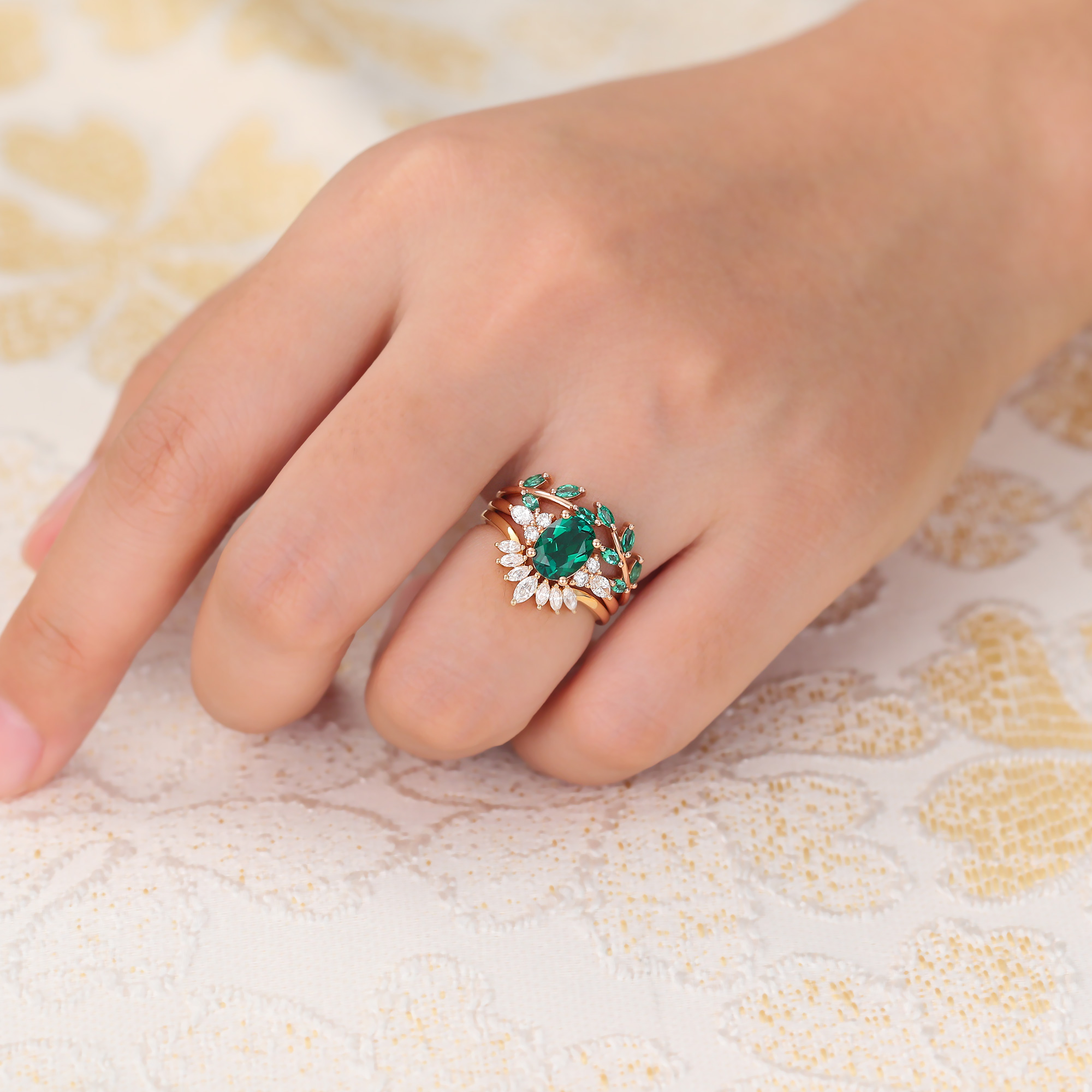 Juyoyo Vintage Emerald and Diamond Wedding Ring Set Nature Inspired Engagement Ring Set - 3pcs