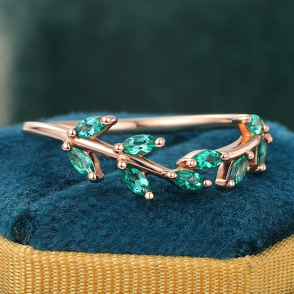 Juyoyo Marquise Cut Emerald Curved Wedding Band Leaf Nature Inspired Stacking Ring Rose Gold