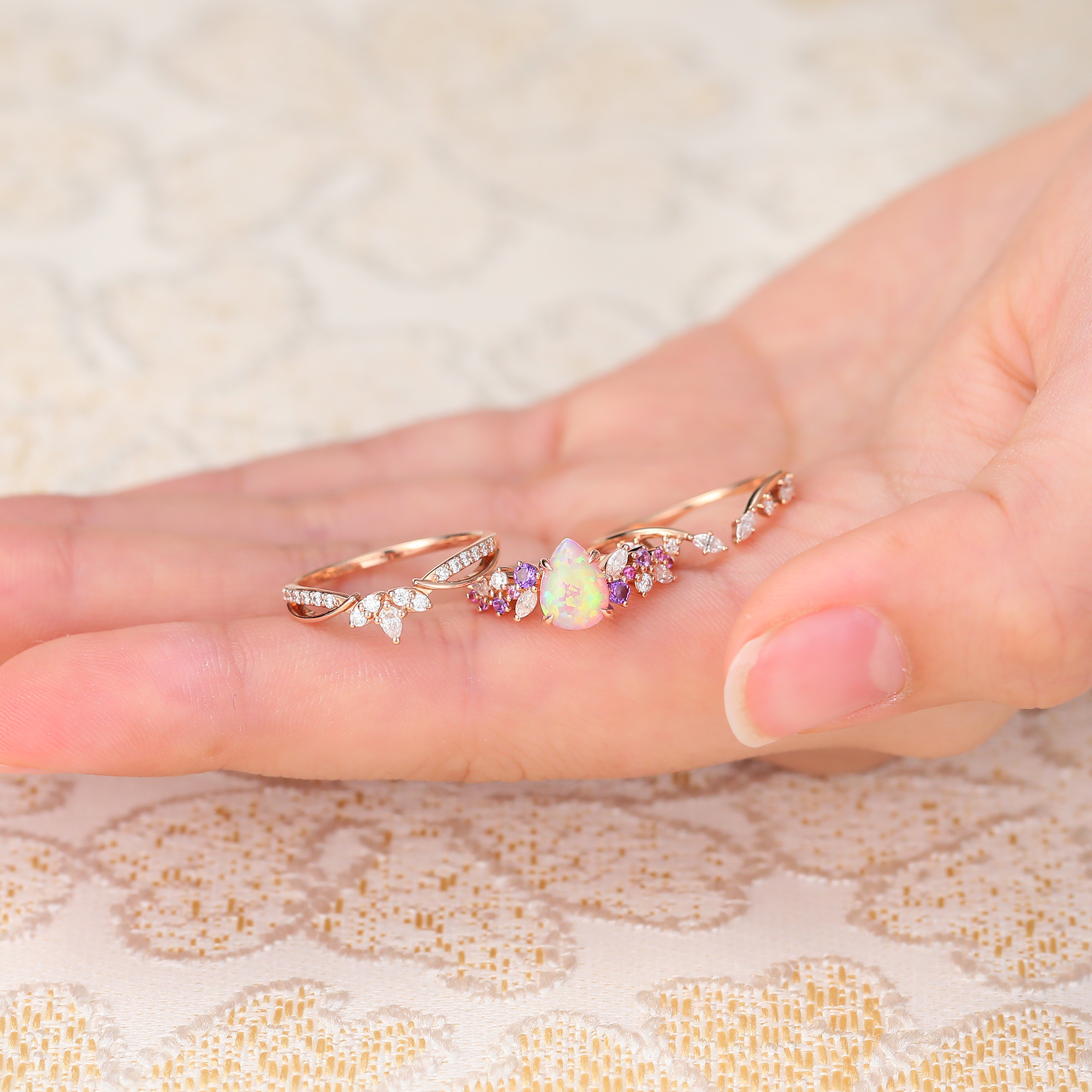Juyoyo 3PCS Pear Shaped Pink Opal Bridal Ring Set Rose Gold Wedding Ring Set for Women