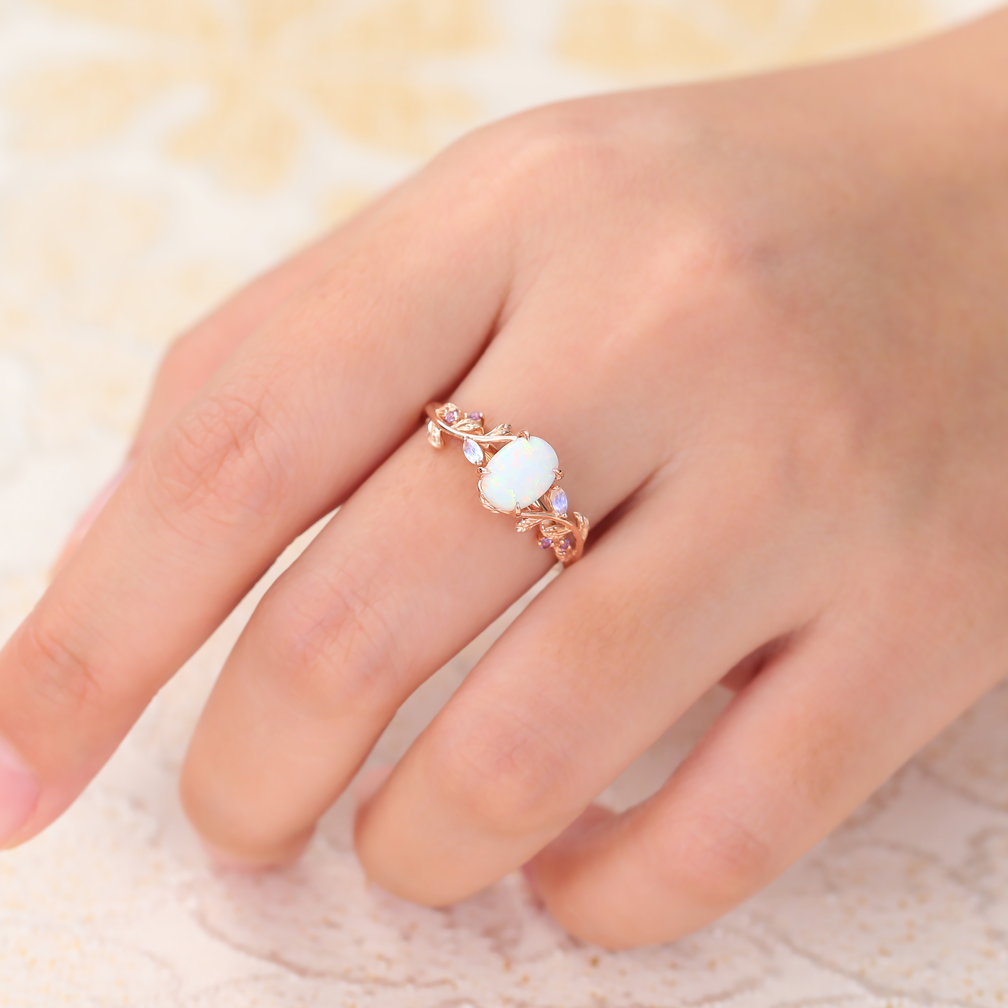 Juyoyo Vintage Oval Opal Engagement Ring Nature Inspired Moonstone Amethyst Ring 14K Rose Gold