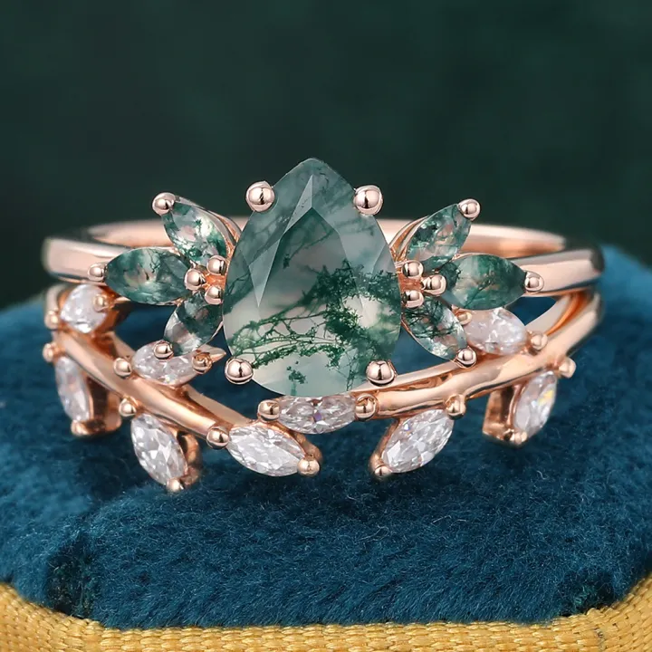Couples Wedding Ring Sets Pear Shape Moss Agate Ring wIth Moissanite Curved Twig Band Sets