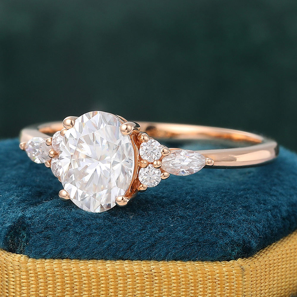 6x8mm Oval Moissanite Engagement Ring with Diamond Accents in Rose Gold