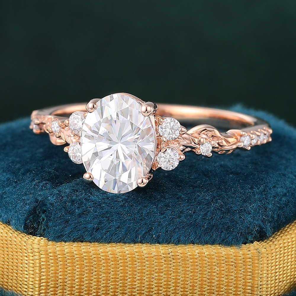 Juyoyo Vintage Oval Cut Moissanite Engagement Ring Diamond Side Stones Nature Inspired Engagement Ring