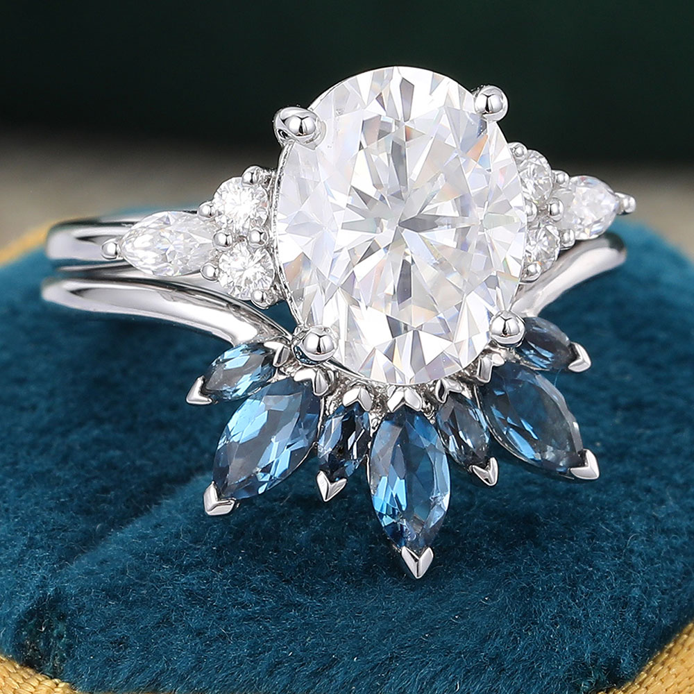 Juyoyo Oval Cut Moissanite Engagement Ring Set for Women London Blue Topaz Ring Band White Gold