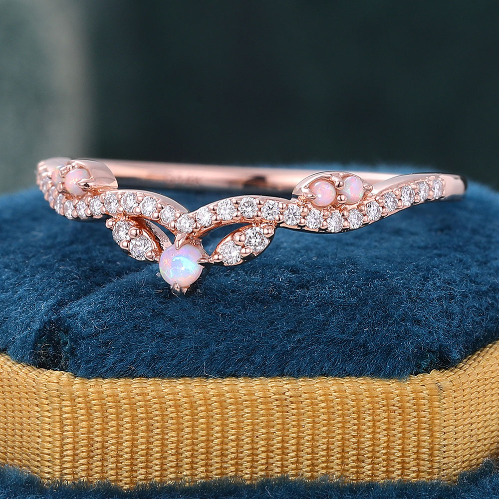 Juyoyo Round Cut Opal & Moissanite Wedding Band Stackable Curved Wedding Band for Women