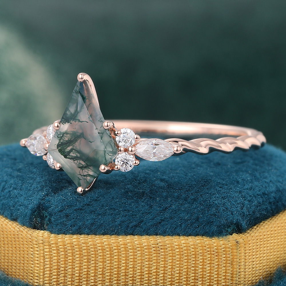 14K Rose Gold Kite Cut Moss Agate and Moissanite Twisted Ring