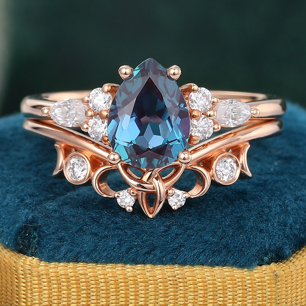 Juyoyo Pear Shaped Alexandrite Bridal Set Dainty Vintage Cluster Engagement Ring Set 14K Rose Gold