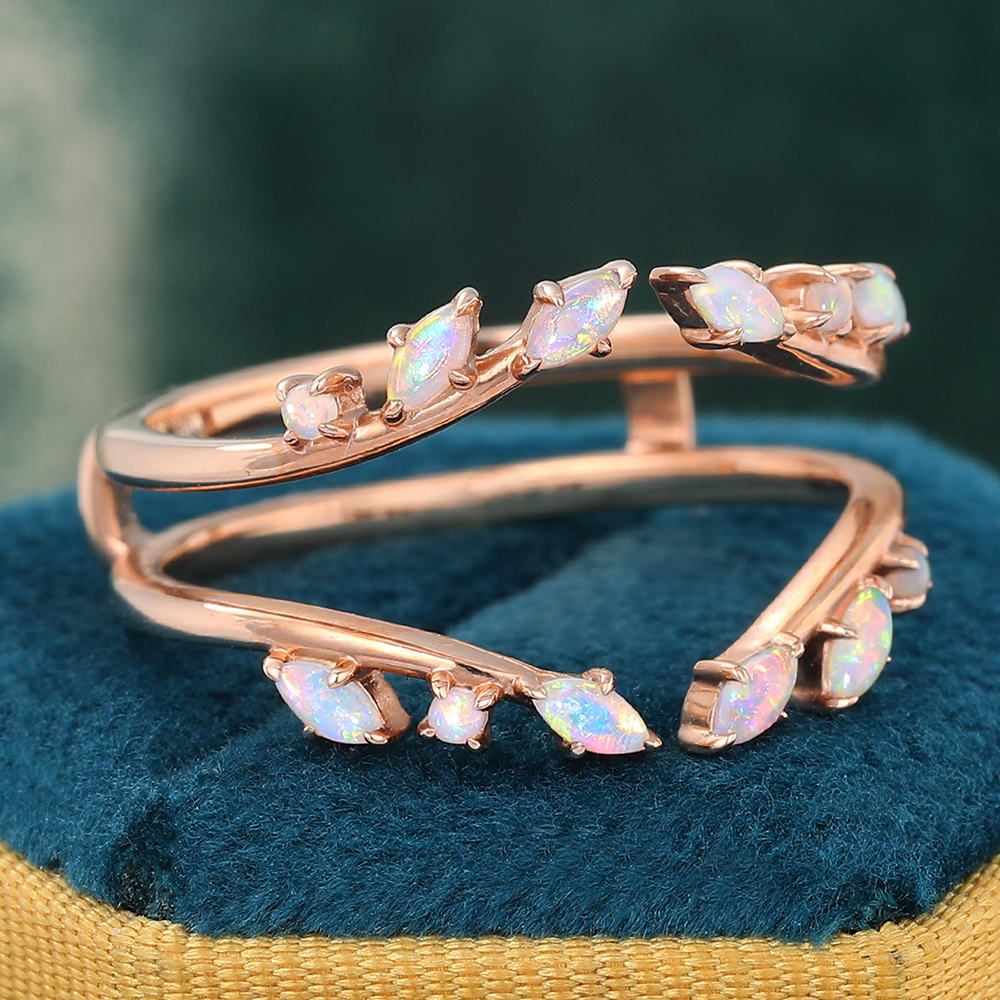 Opal Double Curved Wedding Band Enhancer Vintage Leaf Nature Inspired Wedding Ring Rose Gold