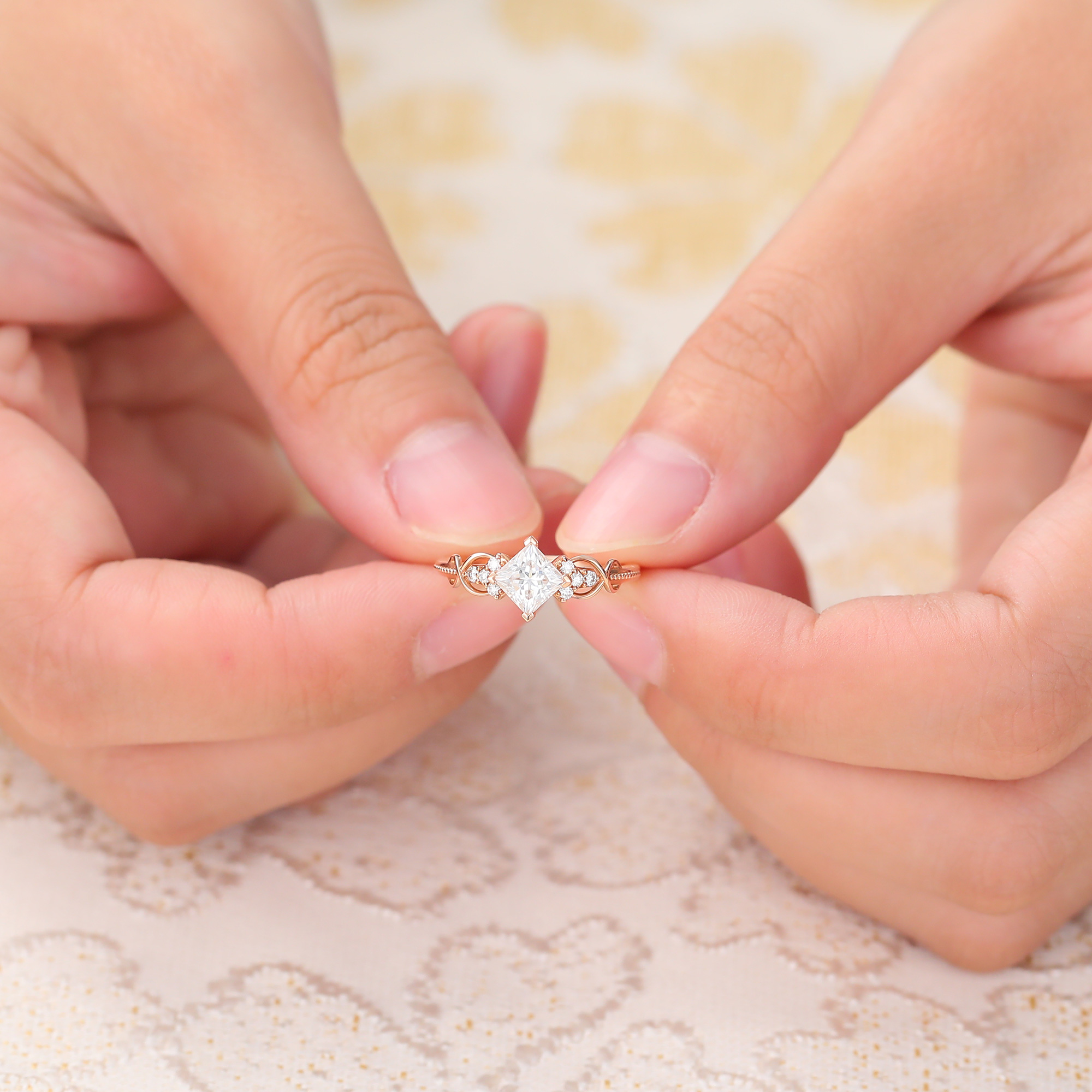 Juyoyo Princess Cut Moissanite Engagement Ring Vintage Infinity Wedding Ring Rose Gold