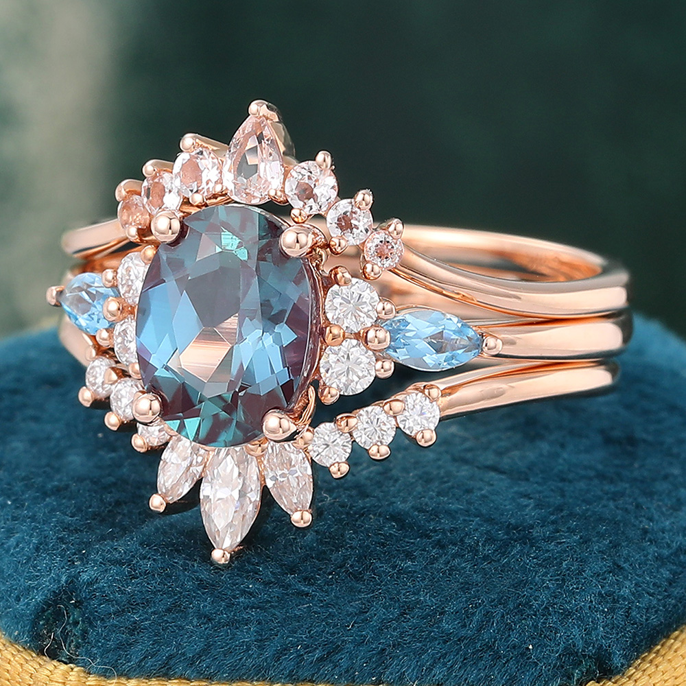 Juyoyo Vintage Alexandrite Wedding Ring Set 14K Rose Gold Morganite Wedding Band Set - 3pcs
