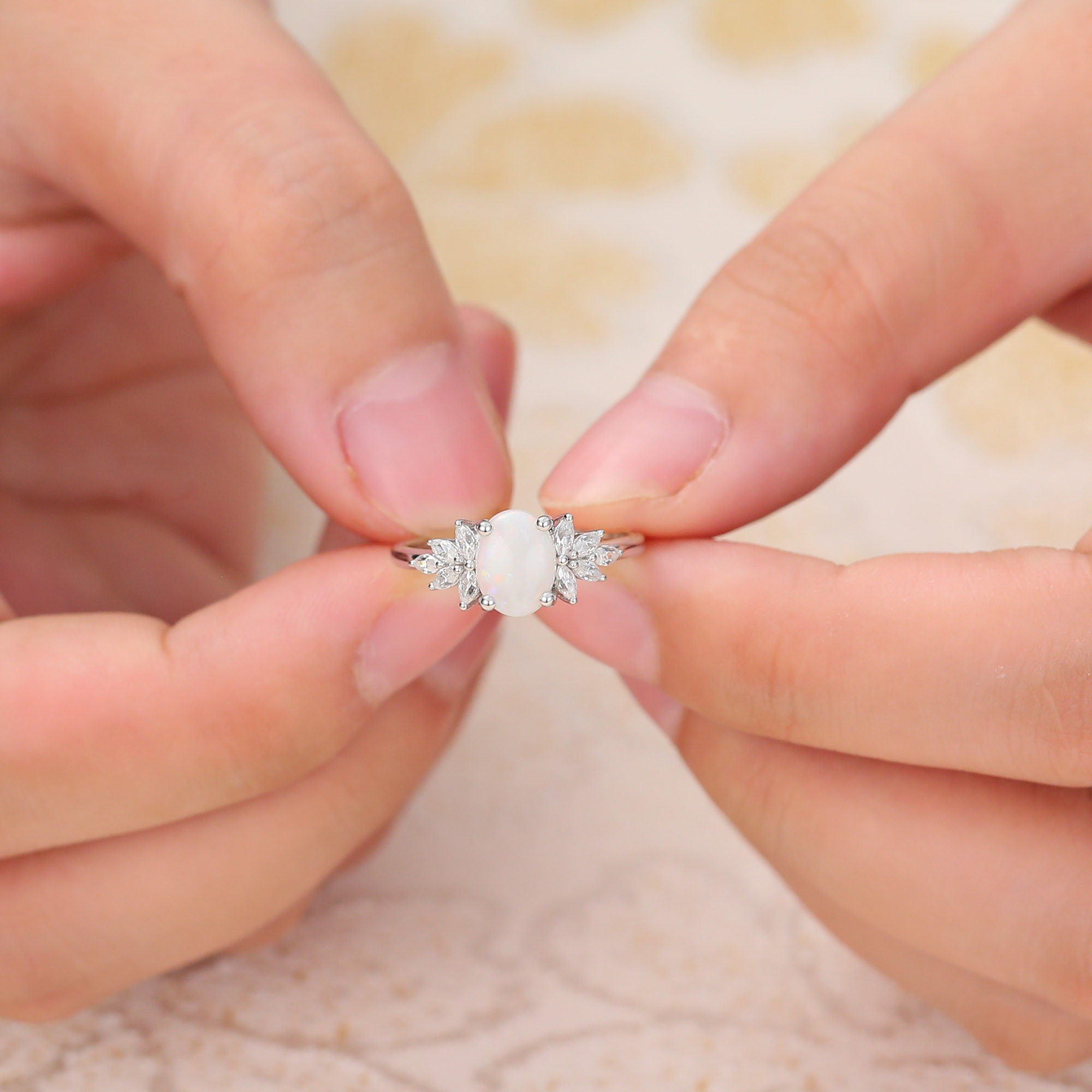 Juyoyo Oval Cut Opal Engagement Ring Diamond or Moissanite Accented Promise Ring