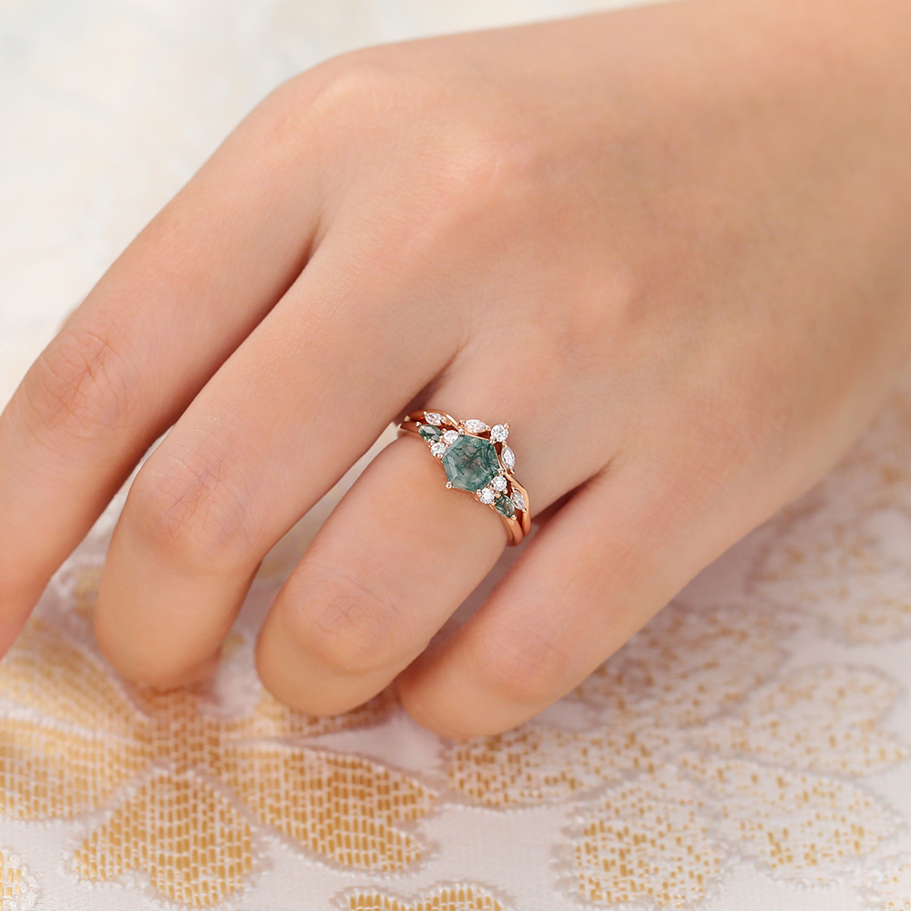 Juyoyo Hexagon Cut Moss Agate Ring with Matching Curved Wedding Band - 2PCS Bridal Ring Set