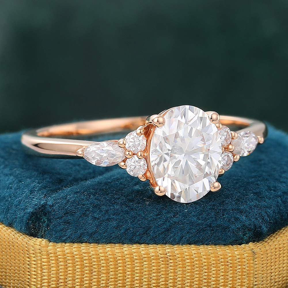 6x8mm Oval Moissanite Engagement Ring with Diamond Accents in Rose Gold