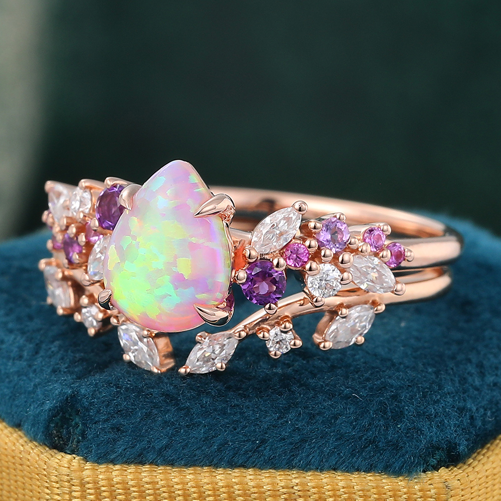 Juyoyo Pear Shaped Opal Engagement Ring Set Wedding Ring Sets Rose Gold