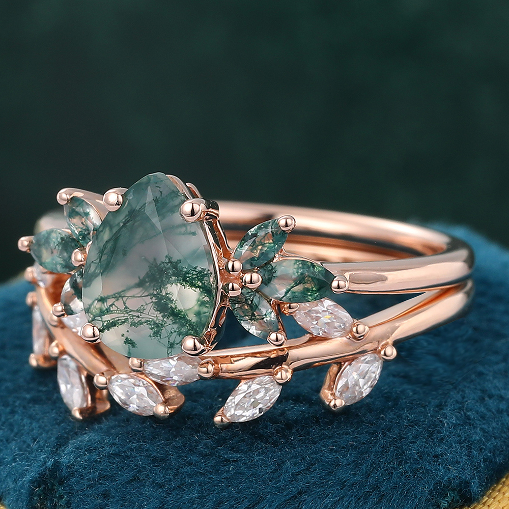 Juyoyo  Pear Moss Agate Ring & Moissanite Curved Twig Band Natural Inspired Wedding Ring Set - 2pcs