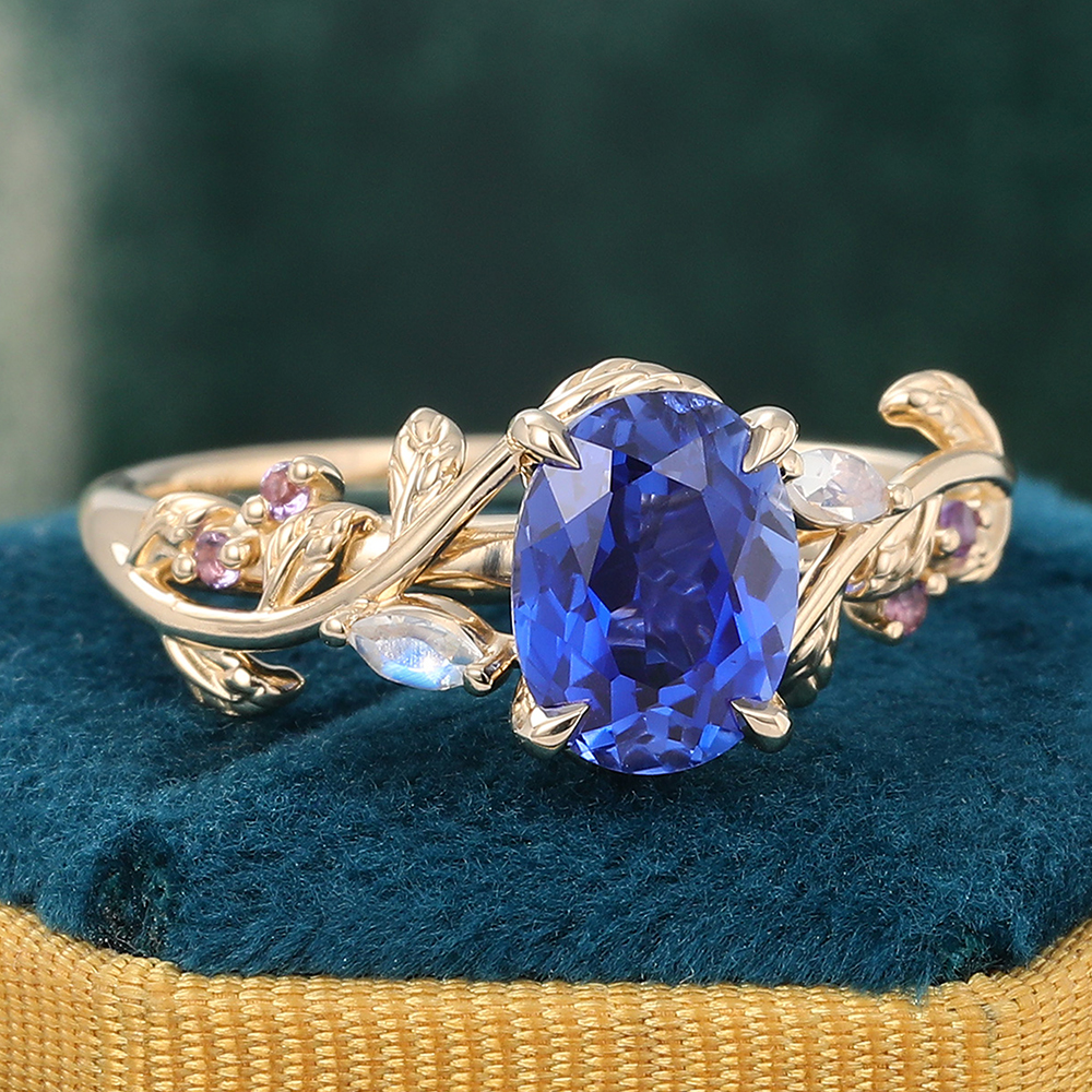 Juyoyo Unique Oval Cut Blue Sapphire Engagement Ring Nature Inspired Promise Ring 14K Yellow Gold