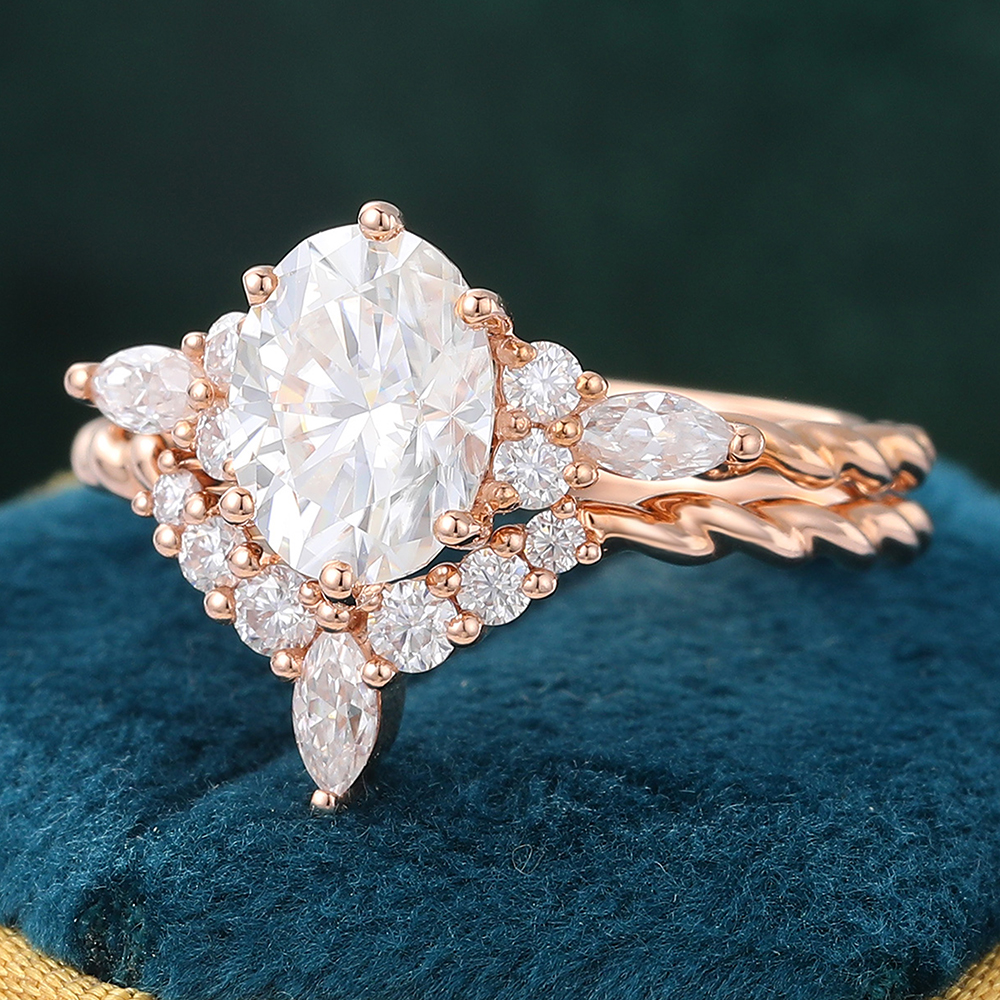 Juyoyo Vintage Oval Moissanite & Diamond Wedding Ring Set Twisted Band Engagement Ring Set - 2pcs