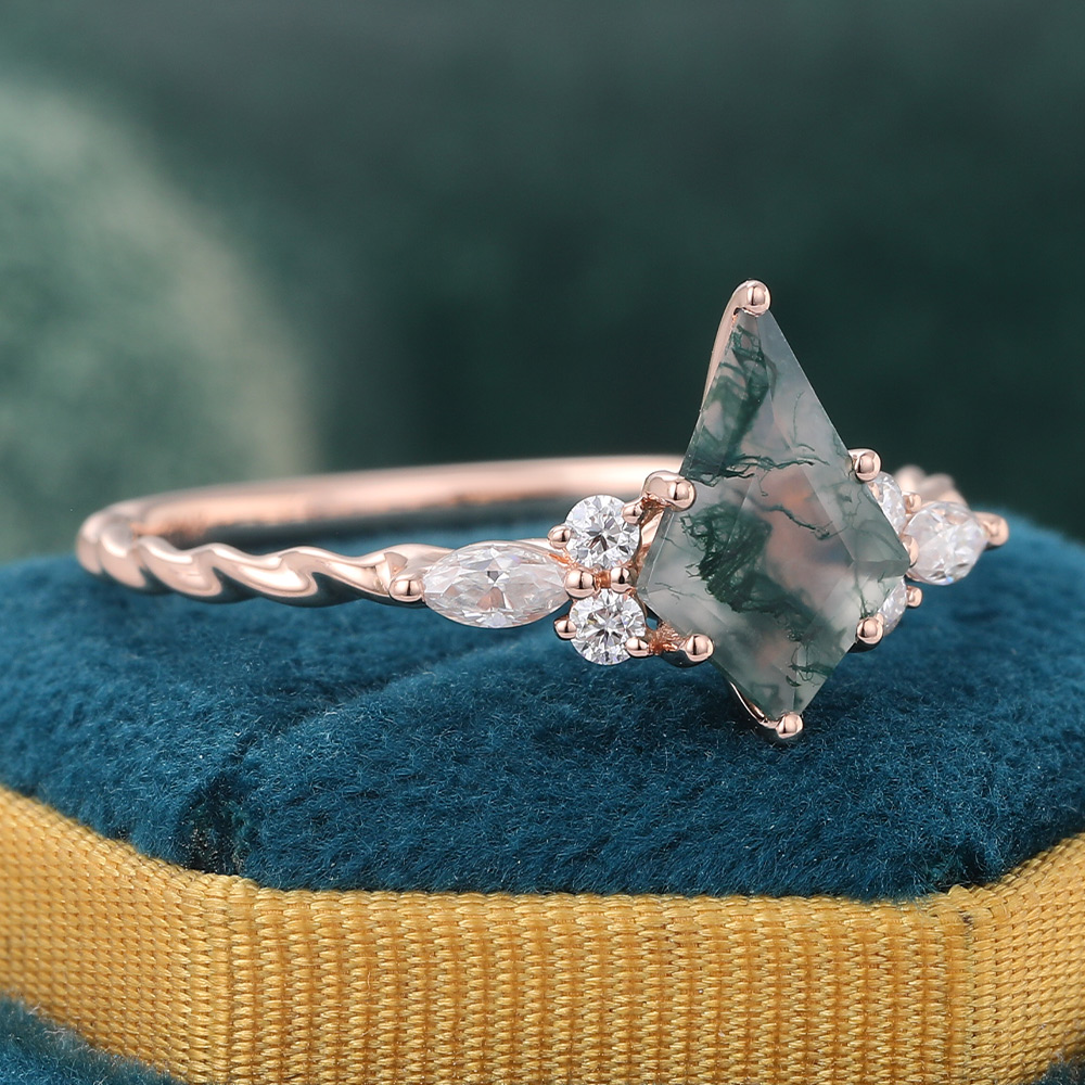 14K Rose Gold Kite Cut Moss Agate and Moissanite Twisted Ring
