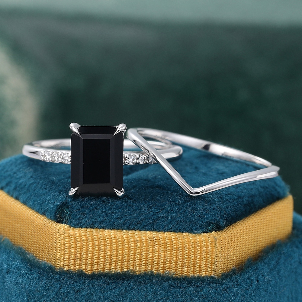 Minimalist Emerald Cut Black Onyx Engagement Ring with Solid Gold Curved Wedding Band in White Gold - 2 Piece