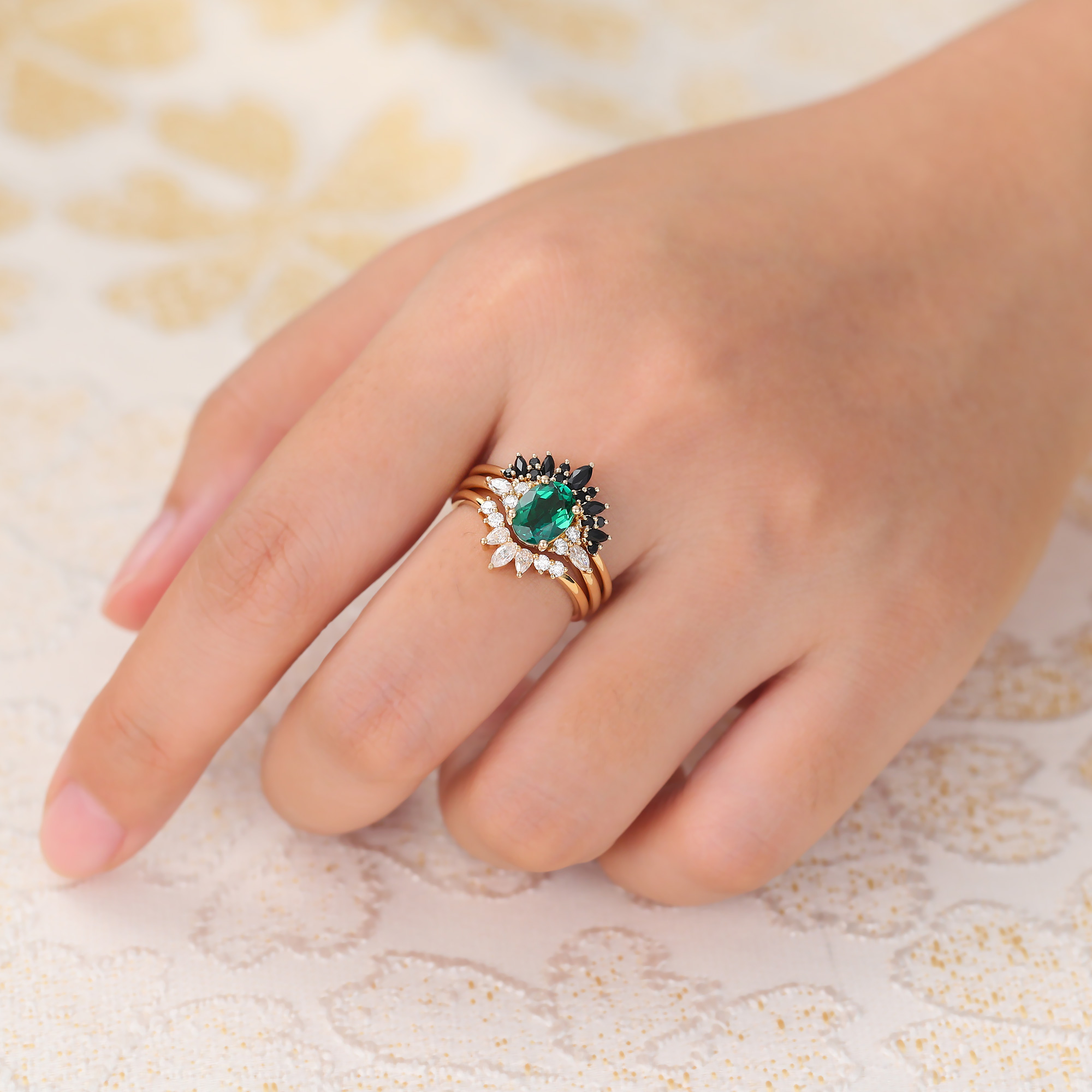 Juyoyo Emerald Wedding Ring Set Gold Vintage Diamond Ring Black Onyx Stack Wedding Band - 3pcs
