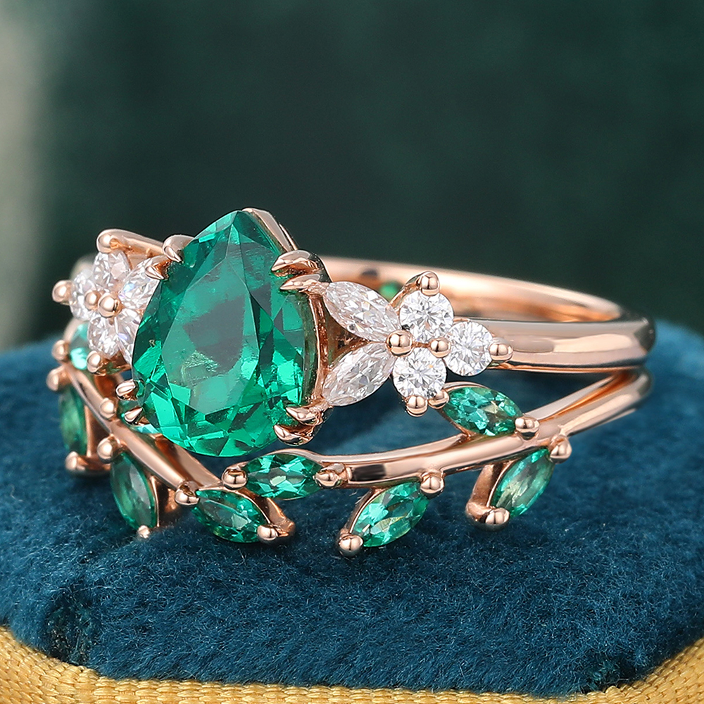 Juyoyo Vintage Pear Shaped Emerald Wedding Ring Set Nature Inspired Engagement Ring Set 14K Rose Gold
