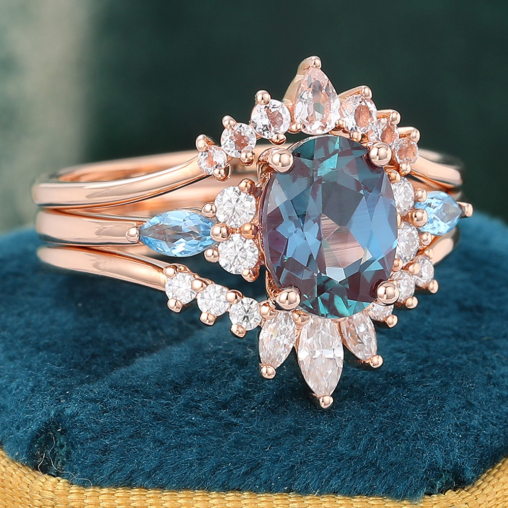 Juyoyo Vintage Alexandrite Wedding Ring Set 14K Rose Gold Morganite Wedding Band Set - 3pcs