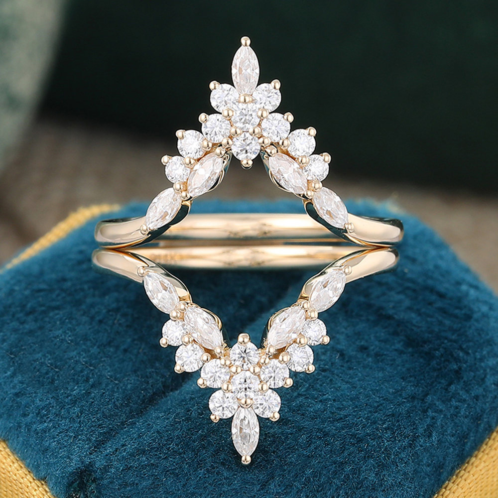 Juyoyo 2PCS Unique Moissanite Double Wedding Band Yellow Gold Vintage Diamond Matching Stacking Ring