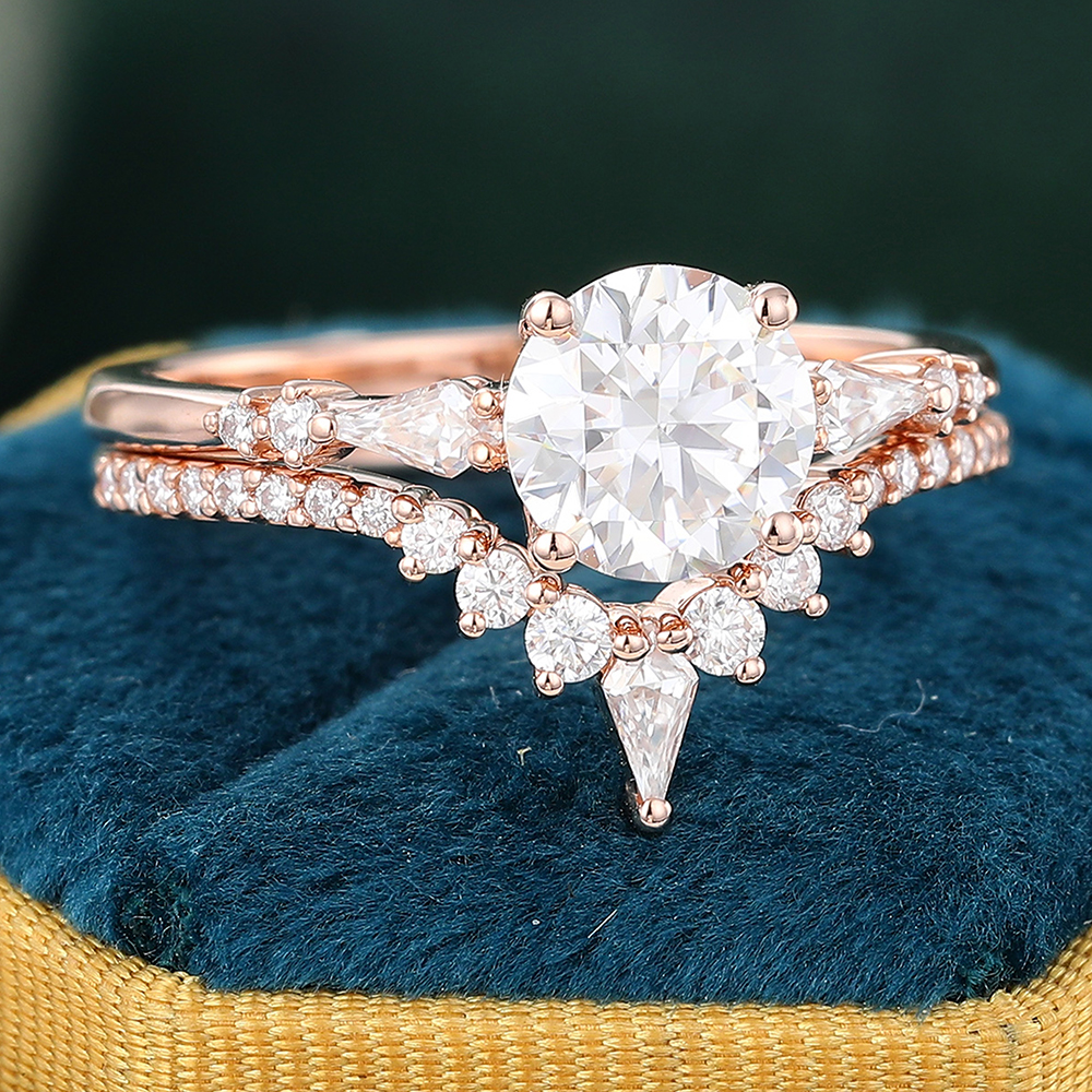 Juyoyo Vintage Moissanite Bridal Ring Set 14K Rose Gold Pave Diamond Ring Set for Women - 2pcs