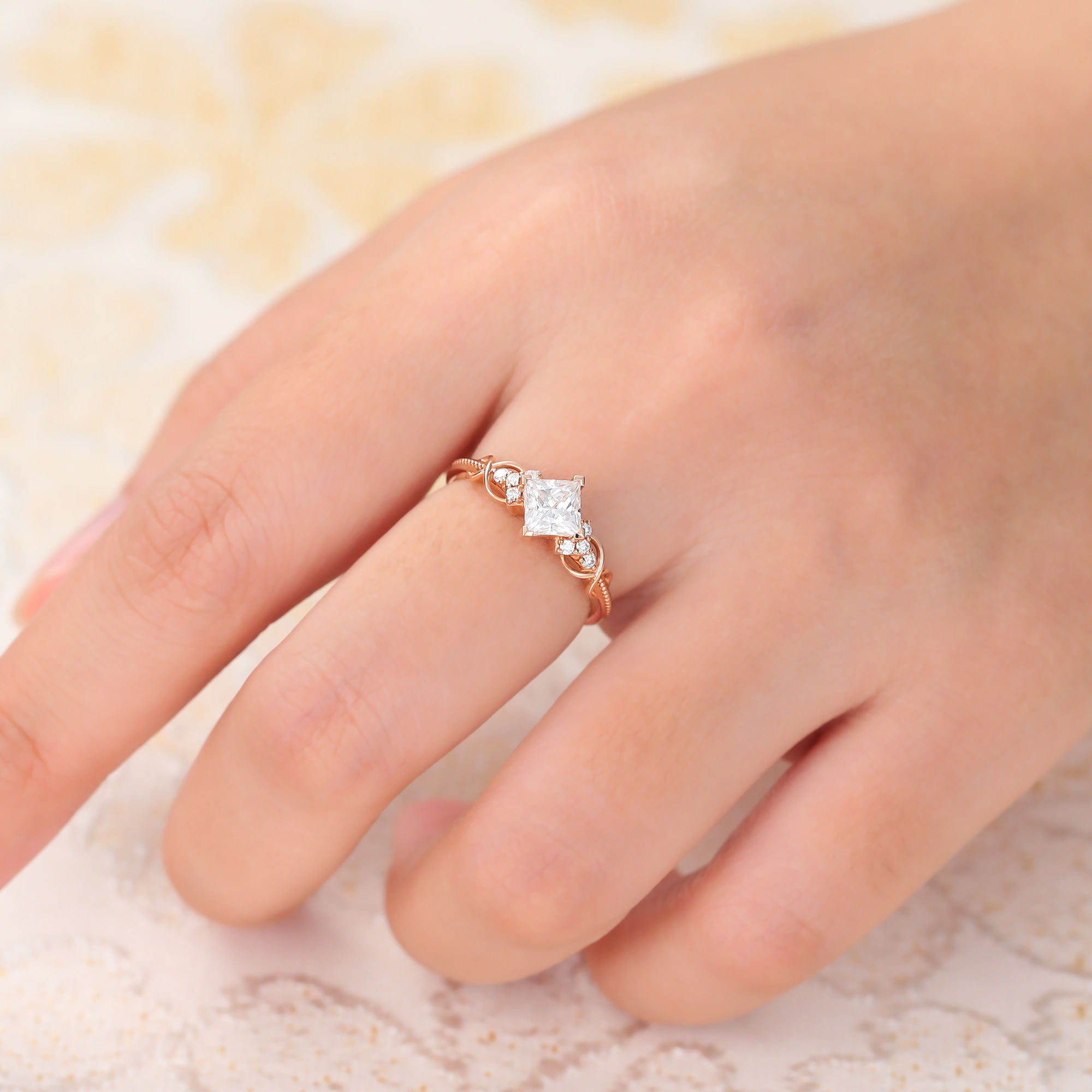 Juyoyo Princess Cut Moissanite Engagement Ring Vintage Infinity Wedding Ring Rose Gold