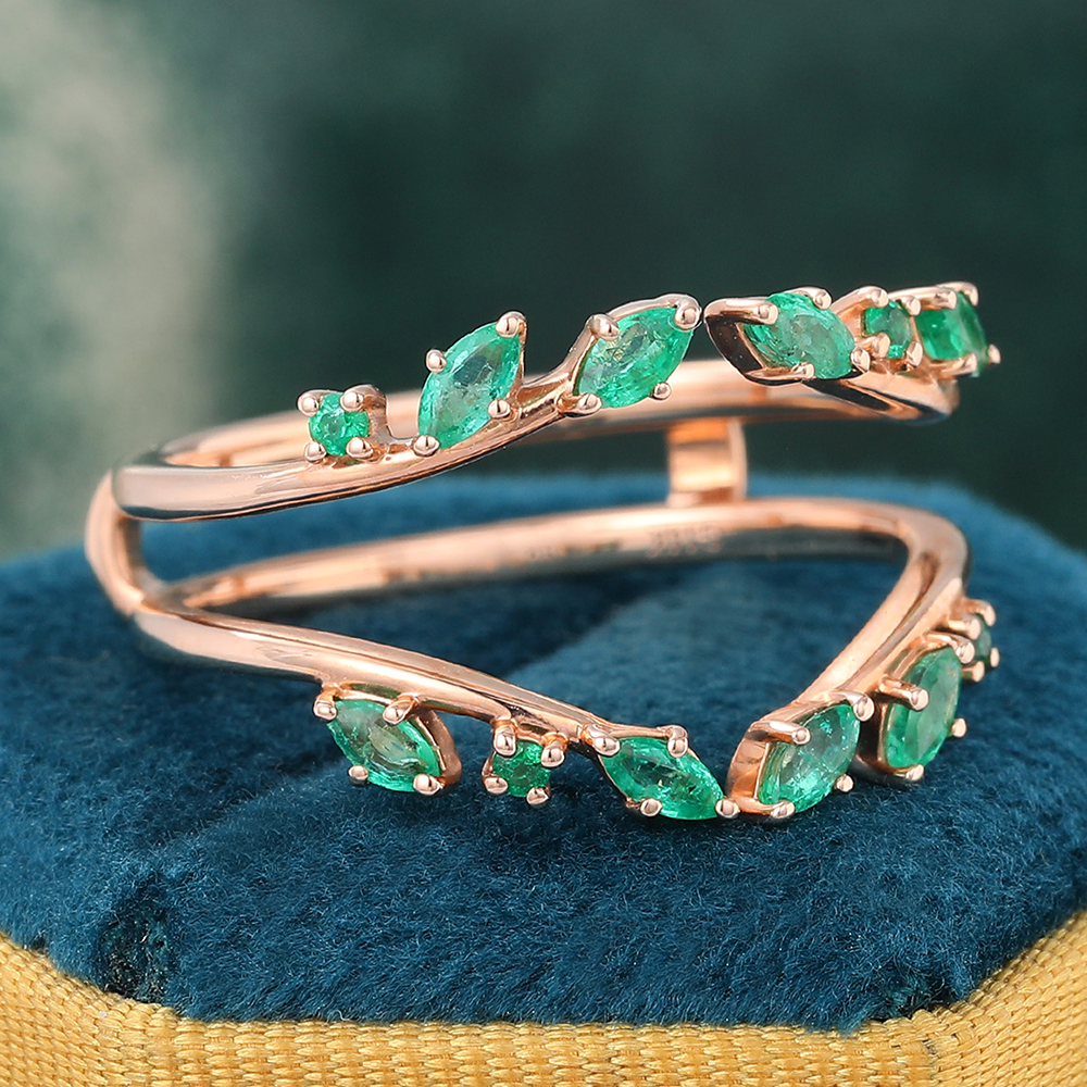 Emerald Double Curved Wedding Band Enhancer Vintage Nature Inspired Wedding Promise Ring Rose Gold