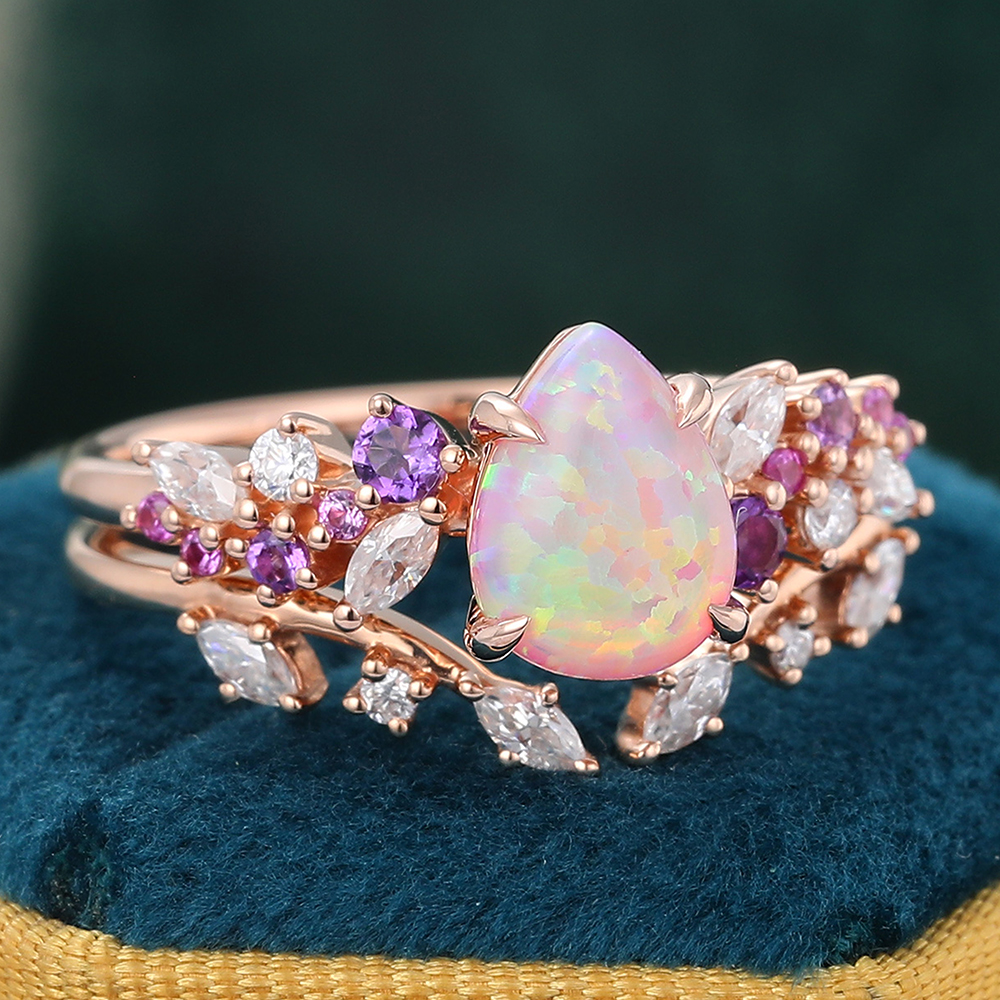 Juyoyo Pear Shaped Opal Engagement Ring Set Wedding Ring Sets Rose Gold