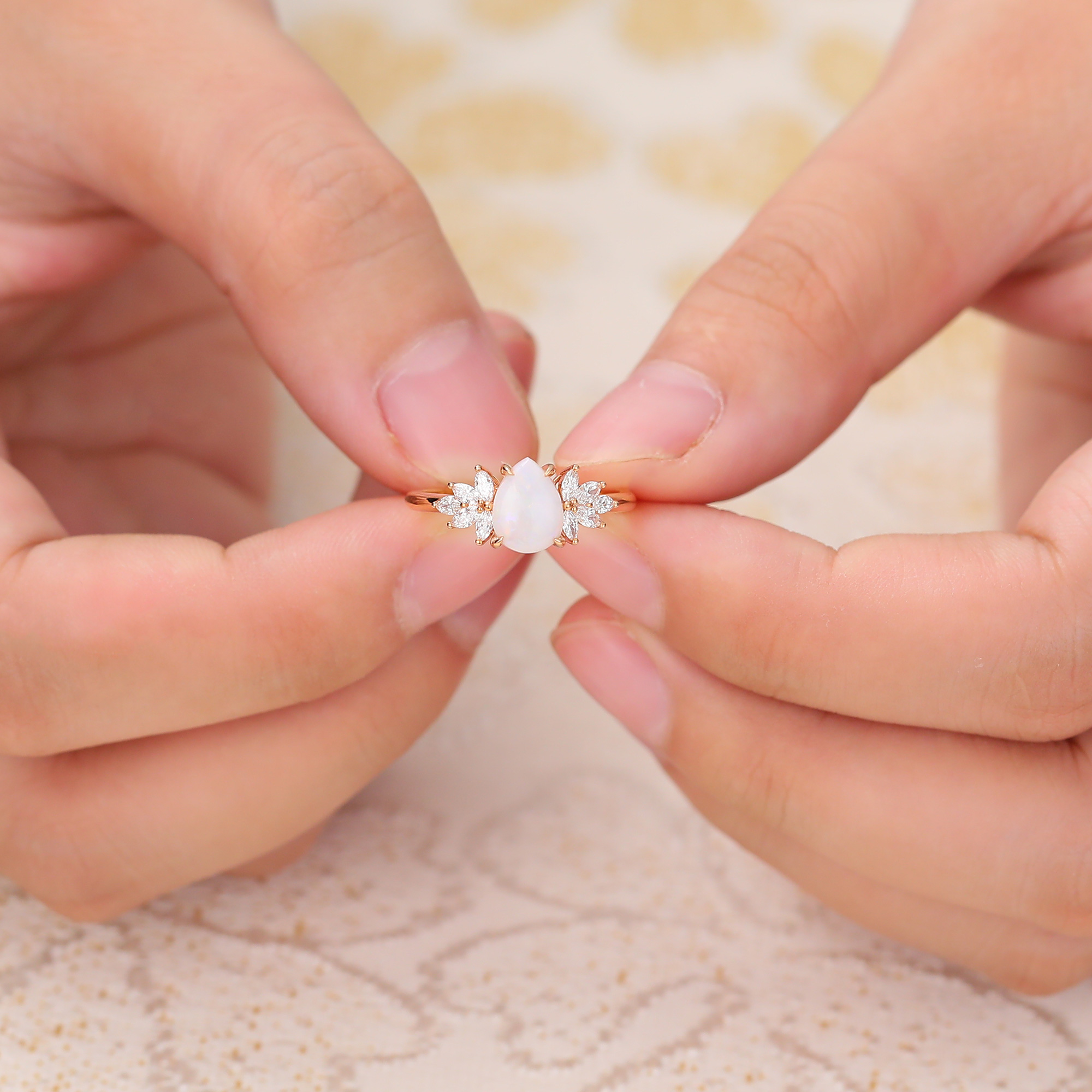 Juyoyo Pear Shaped Opal Engagement Ring Diamond/Moissanite Accented Promise Ring