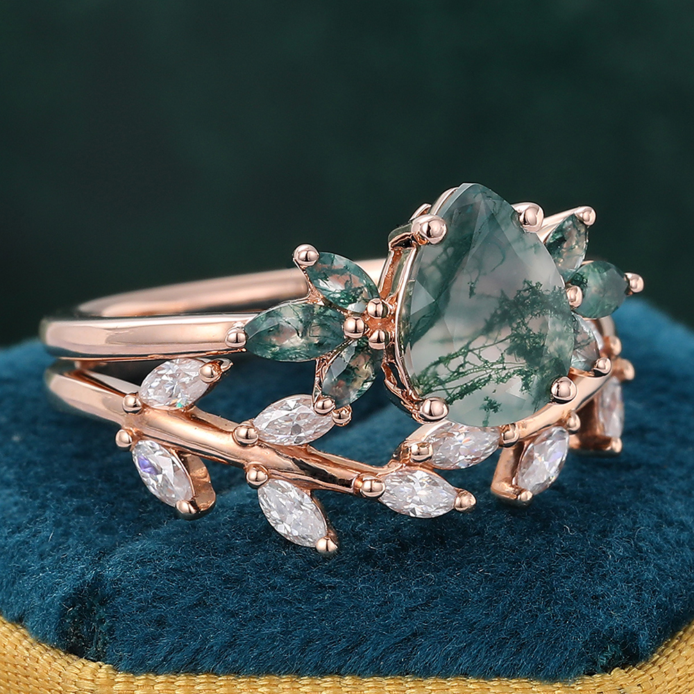 Juyoyo  Pear Moss Agate Ring & Moissanite Curved Twig Band Natural Inspired Wedding Ring Set - 2pcs