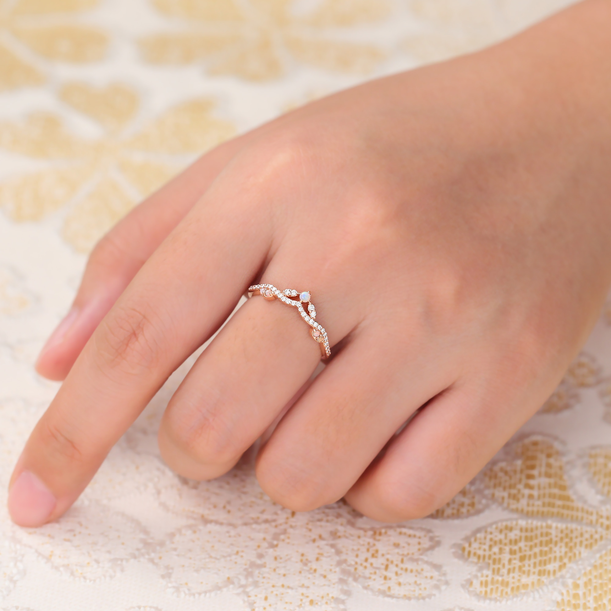 Juyoyo Round Cut Opal & Moissanite Wedding Band Stackable Curved Wedding Band for Women