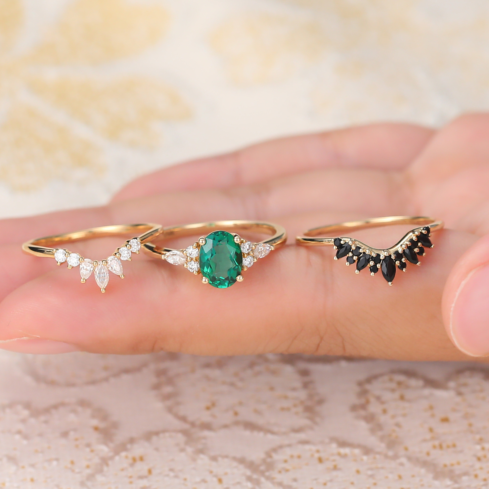 Juyoyo Emerald Wedding Ring Set Gold Vintage Diamond Ring Black Onyx Stack Wedding Band - 3pcs