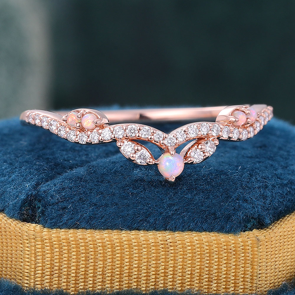 Juyoyo Round Cut Opal & Moissanite Wedding Band Stackable Curved Wedding Band for Women