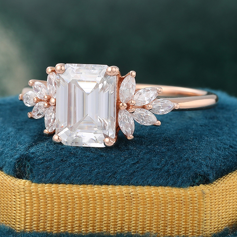 Juyoyo Emerald Cut Moissanite Wing Engagement Ring Vintage Diamond Accents Cluster Ring - 14K Rose Gold