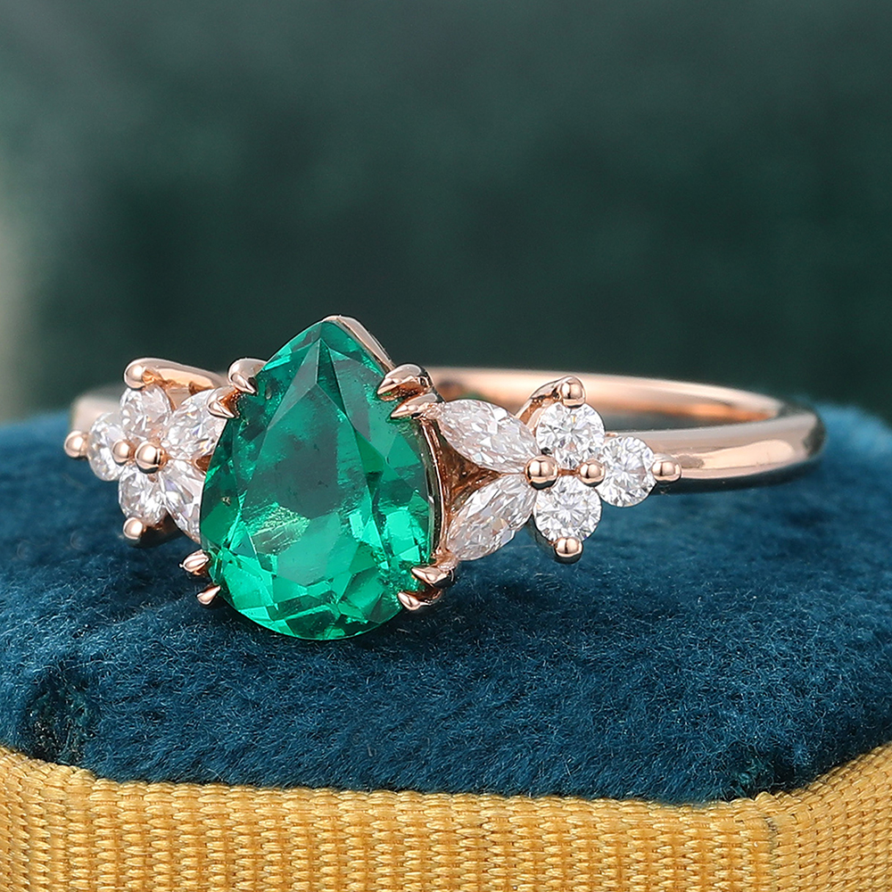 Juyoyo Pear Shape Lab Emerald Engagement Ring Diamond Cluster Ring