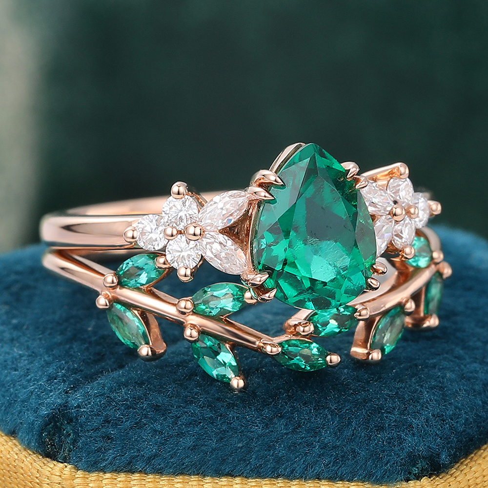 Juyoyo Vintage Pear Shaped Emerald Wedding Ring Set Nature Inspired Engagement Ring Set 14K Rose Gold